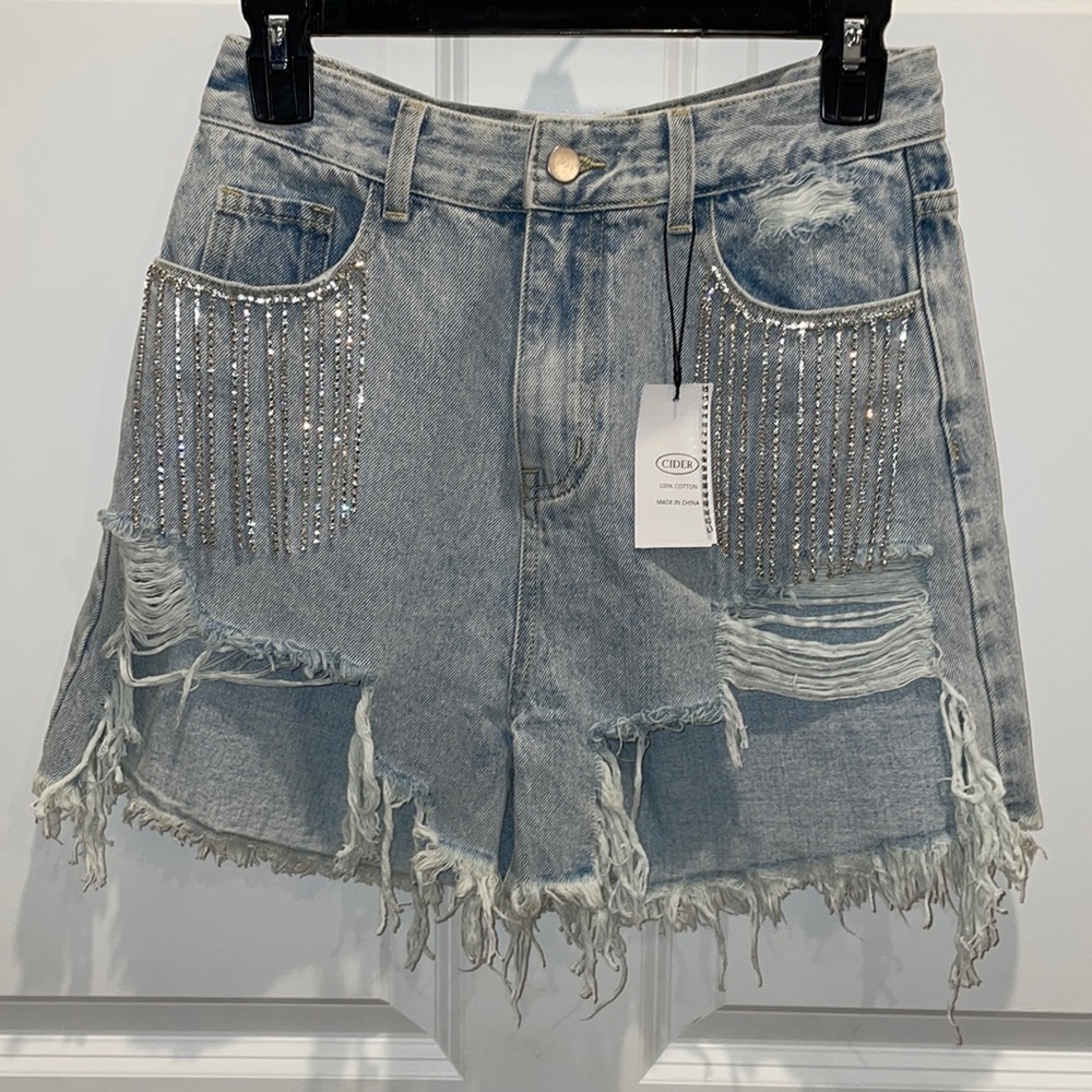 Cider Light Blue Distressed Denim Jean Shorts with Rhinestone Fringe